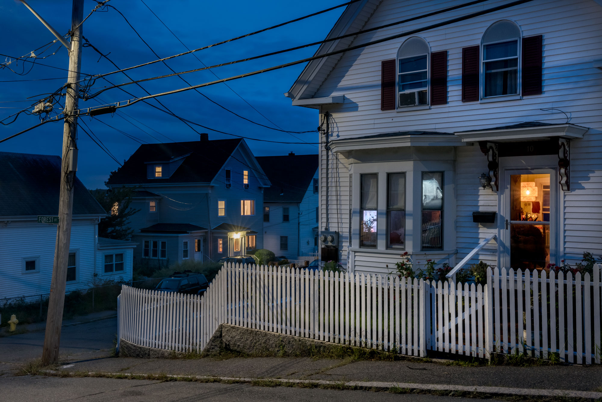 Gloucester in New England at dusk, showing the town hall tower